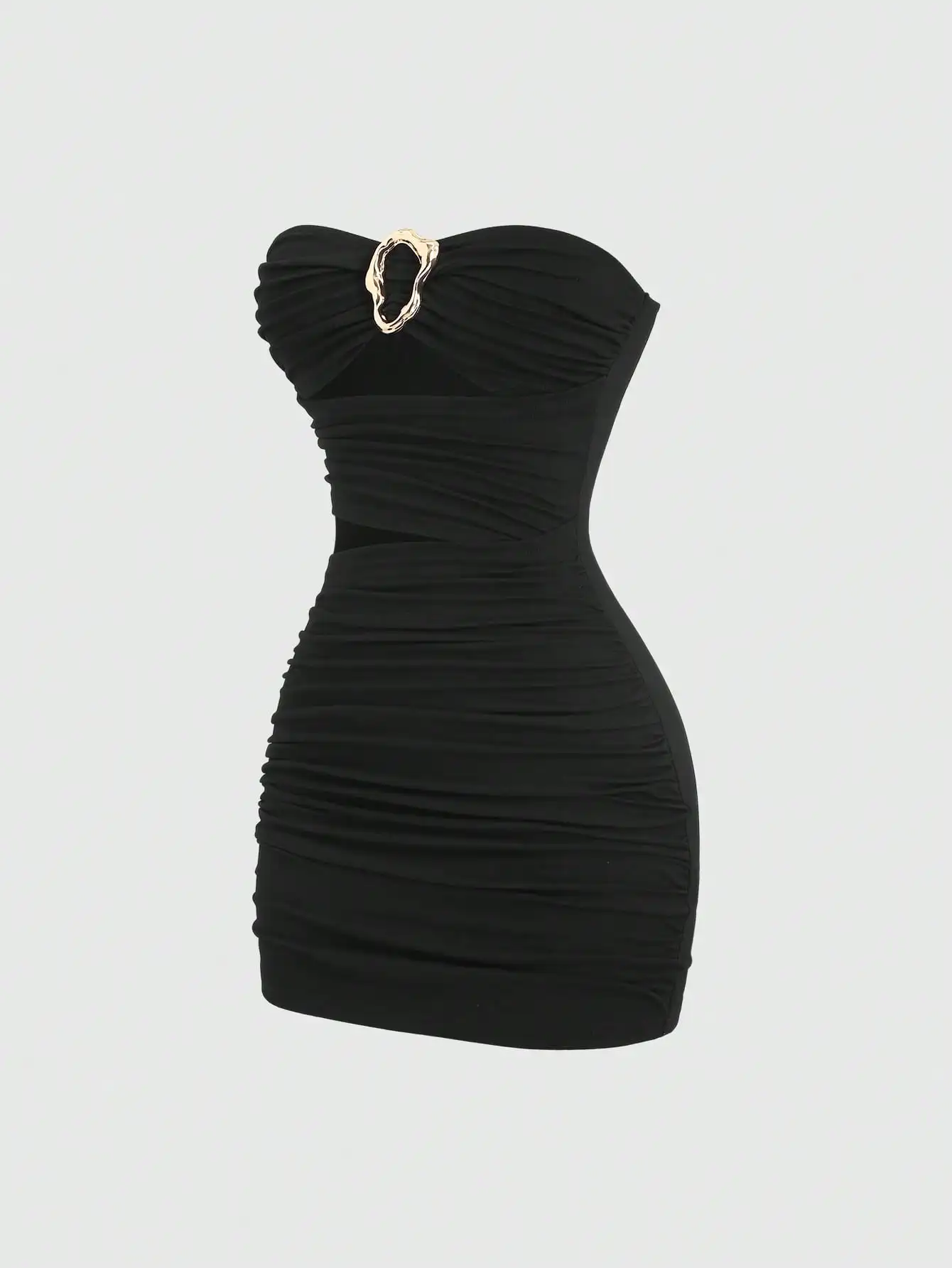 

Black Ruched Strapless Mini Dress with Gold Tone Buckle Detail