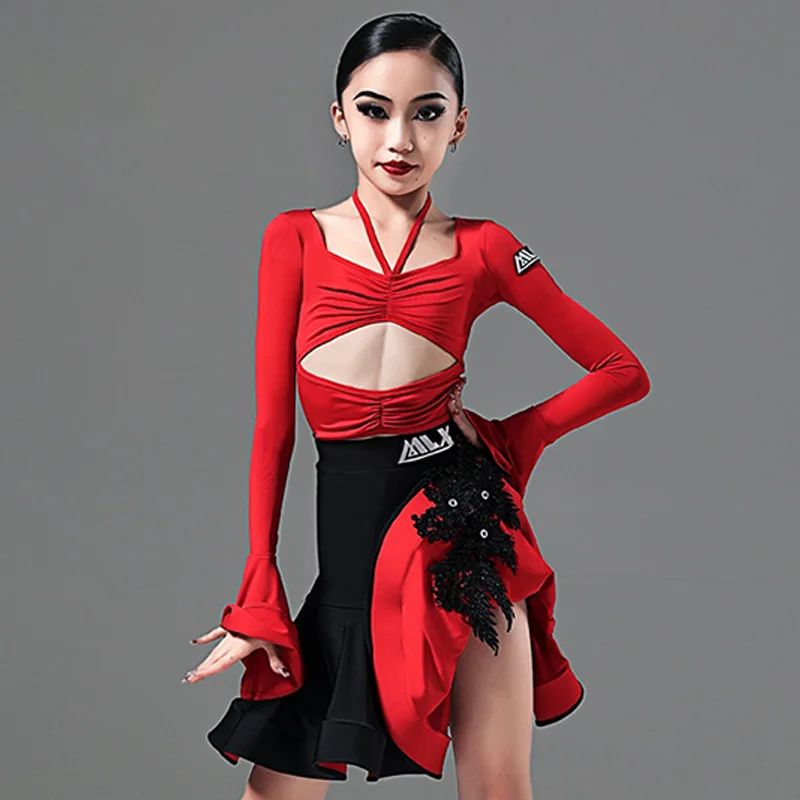 Girls Latin Dance Performance Clothing Red Hollow Out Tops Irregular Skirt Competition Wear Tango Dance Practice Clothes AMY62