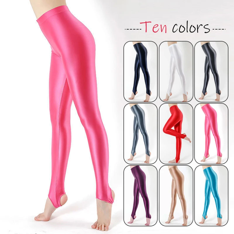 Glossy satin high waist step on foot leggings Japanese shiny sports yoga pants Women tight seamless leggings