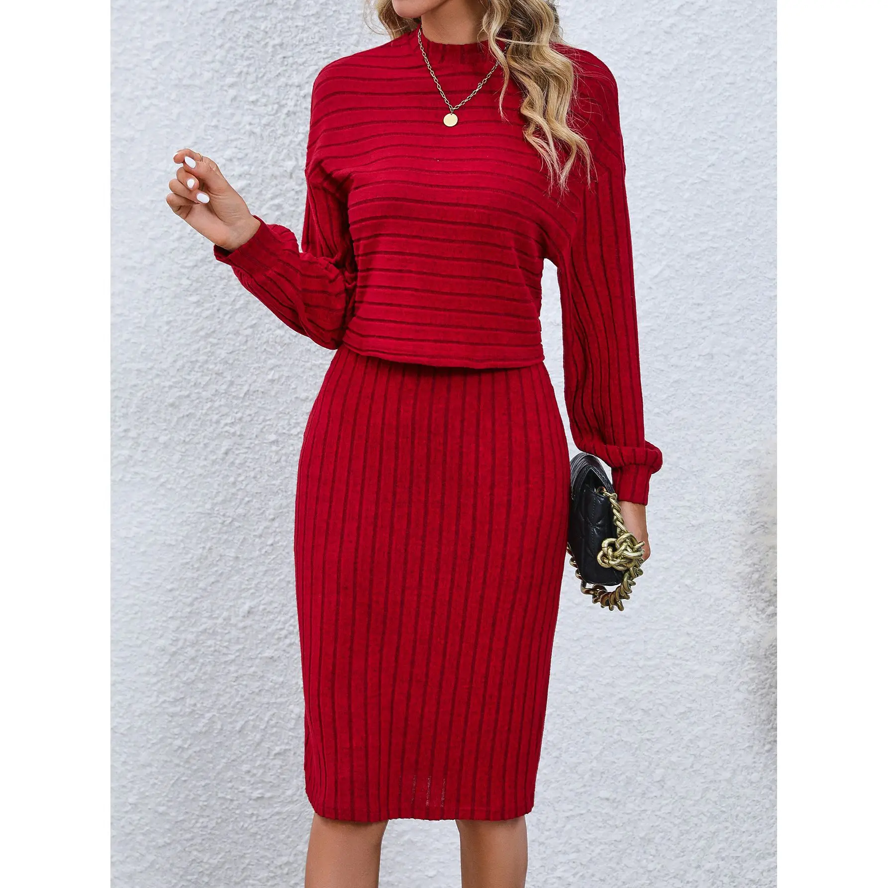 2024 Autumn Elegant Women Pullover Half High Neck Long Sleeve Solid Color Screw Thread Elastic Waist Pack Hip Dress Fashion Sets