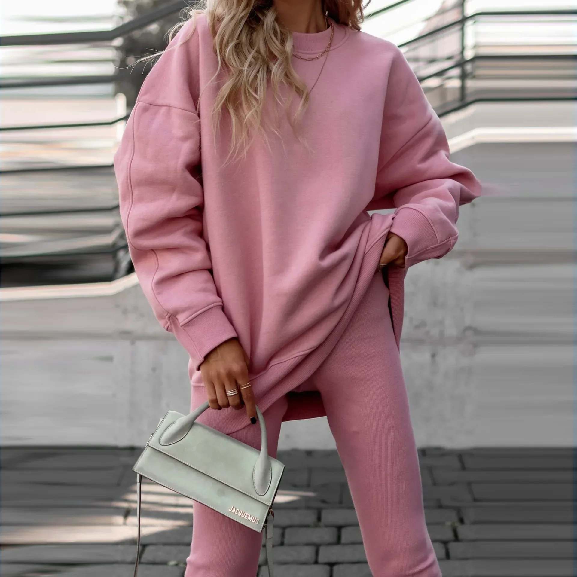 2024 Spring Summer New Women\'s Clothing Round Neck Irregular Small Design Drop-Shoulder Long-Sleeve Sweater Leggings Suit