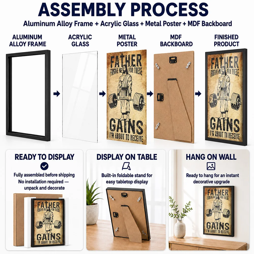 Jesus Lifting Barbell Funny Gains Quote Framed Metal Print Personalized Vintage Style Wall Art For Home Gym And Fitness Studio