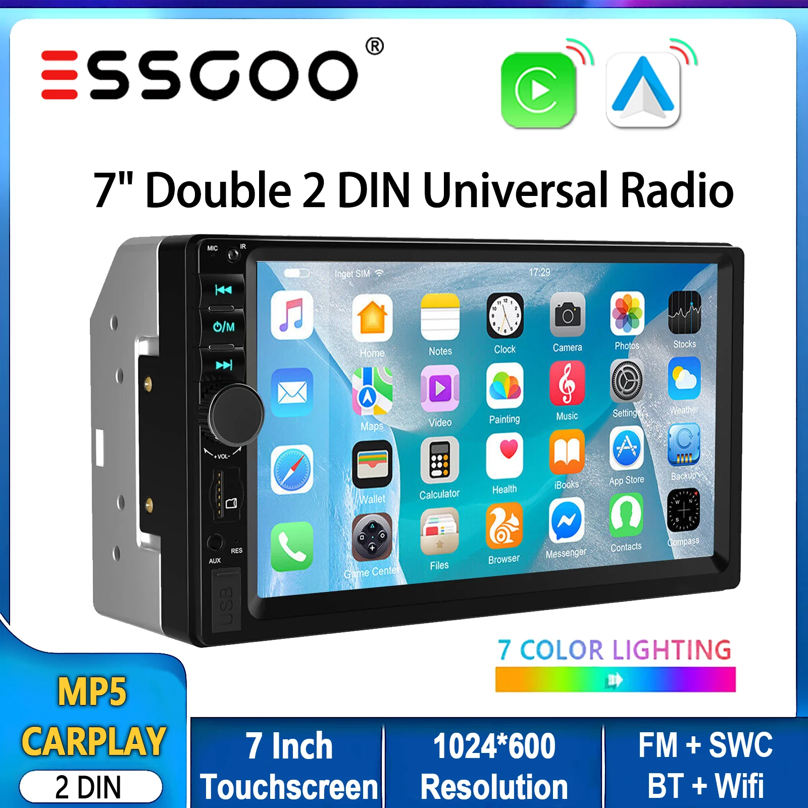 ESSGOO 7" Autoradio Radio Double 2 DIN Carplay Android Auto Bluetooth USB AUX FM SWC Universal MP5 Mirror Link HD Touchscreen