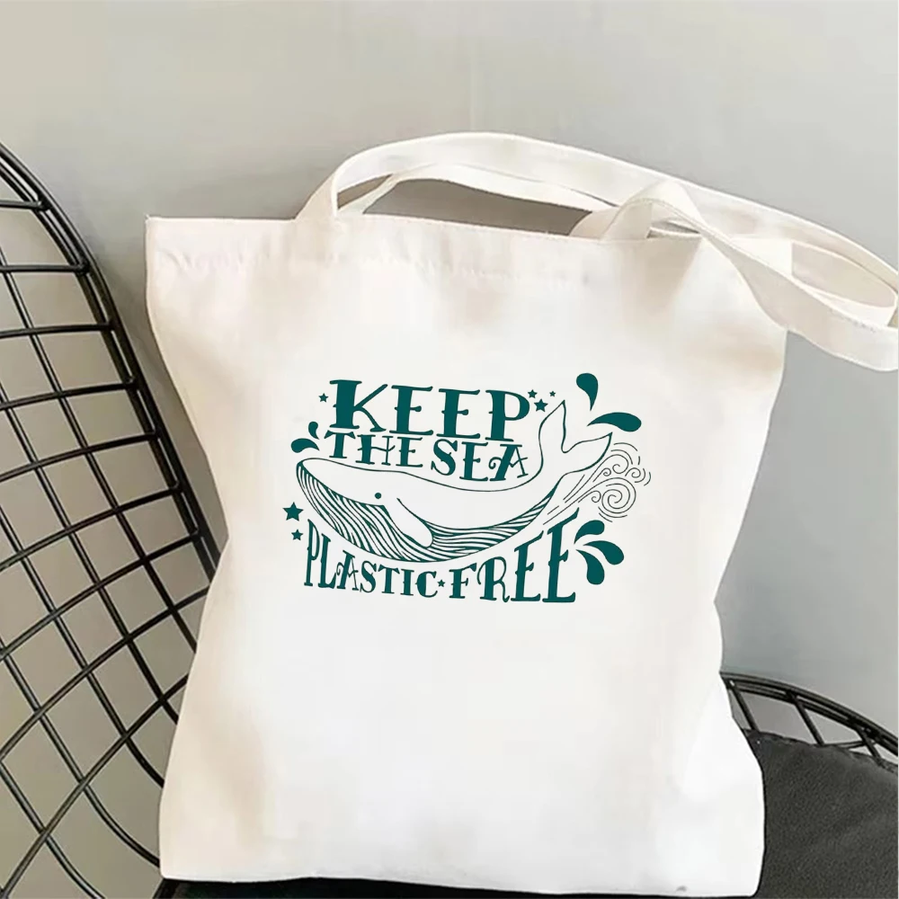 

Aesthetic Whale Canvas Tote Bag Vintage Keep The Sea Plastic Free Eco Friendly Print Reusable Grocery Shoulder Bookbag Gift