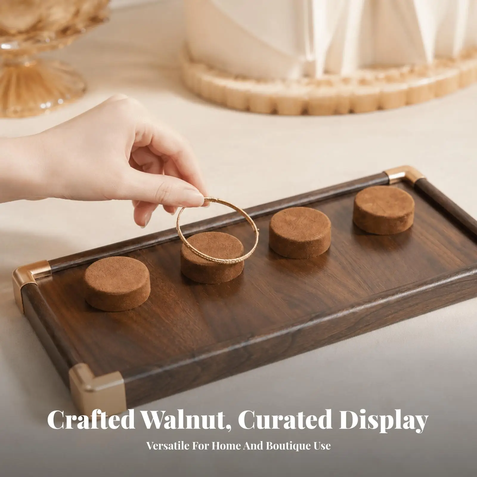 Wooden Jewelry Display Tray Walnut Finish Velvet Lined Bracelet Holder Case for Professional Retail Showcase Box Organizer