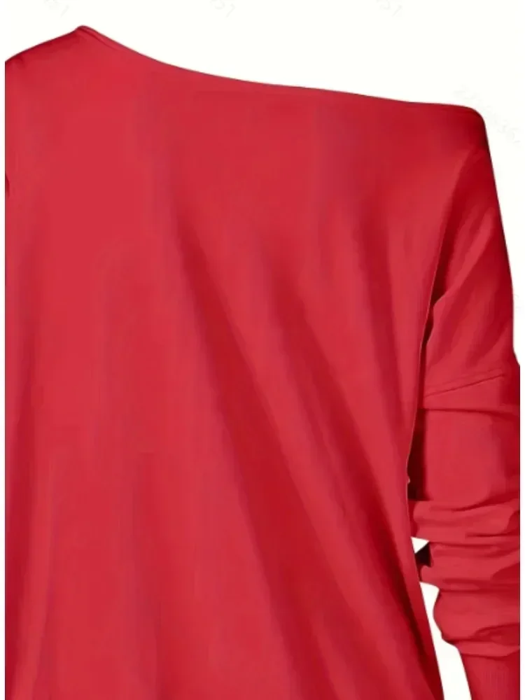 Plus size 1xl-5xl moda feminina natal impressão manga comprida moletom senhoras casual fora do ombro impressão pulôver topo