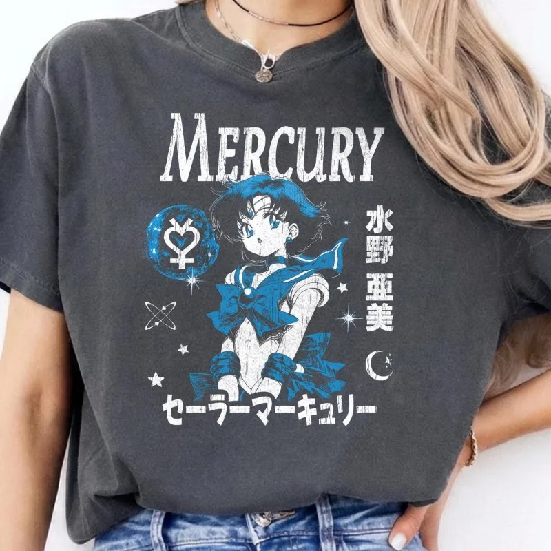 Camiseta de algodón Y2K de anime de los años 90 de Sailor Mercury Amei Mizuno, Pretty Girl Warrior, nueva camiseta informal unisex de verano