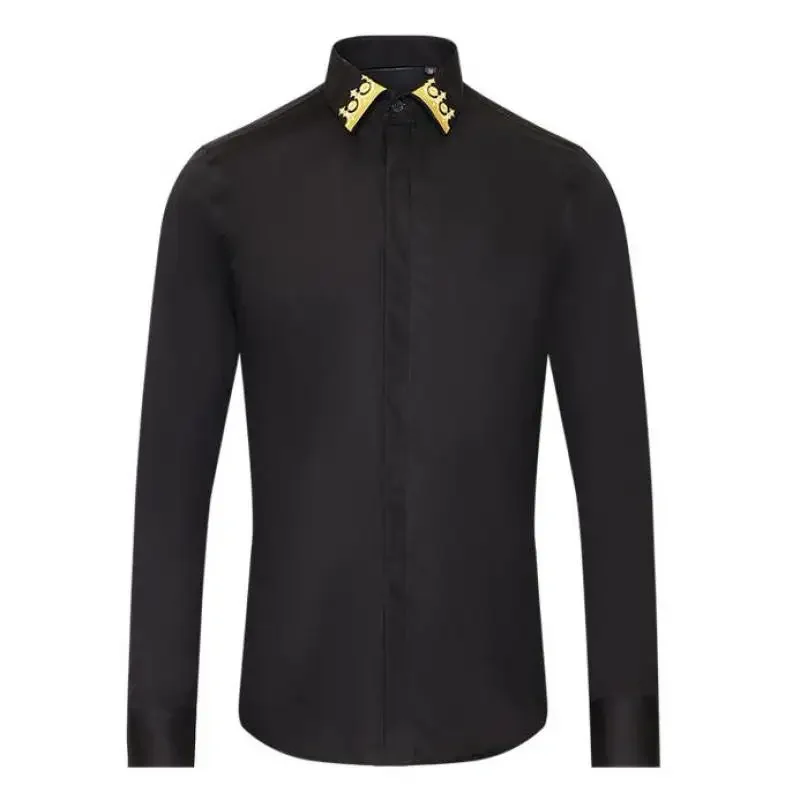 New Black Royal Mens Shirts Luxury Gold Embroidery Long Sleeve Casual Mens Dress Shirts Slim Fit Male Shirts Plus Size 3XL