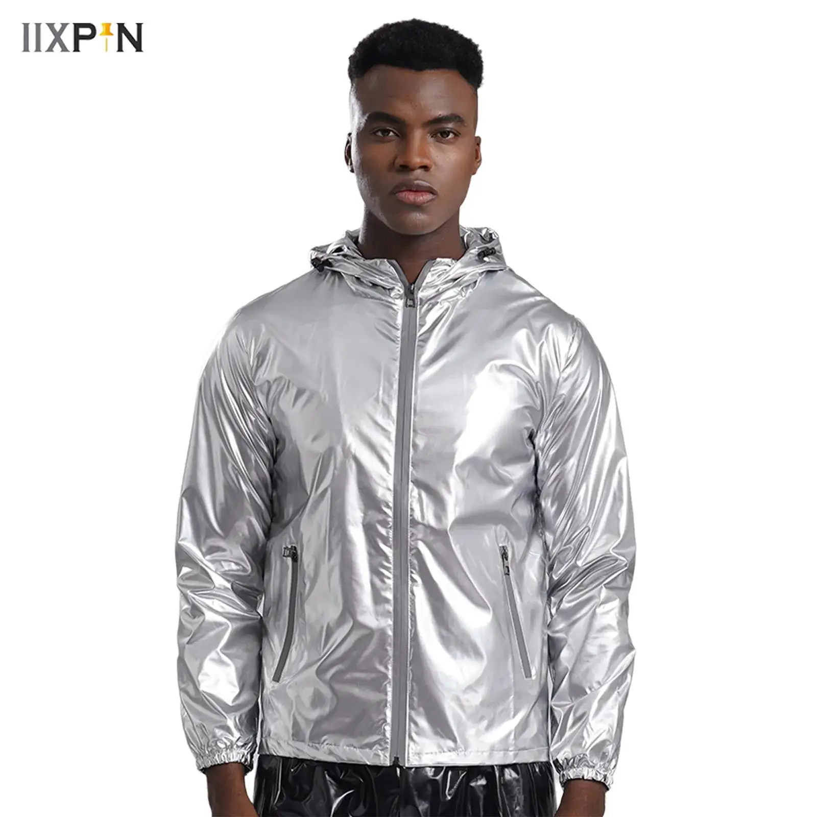 

Mens Shiny Waterproof PVC Leather Raincoat Hooded Y2K Jacket Coat Long Sleeve Front Zipper Jacket Racer Style Party Clubwear