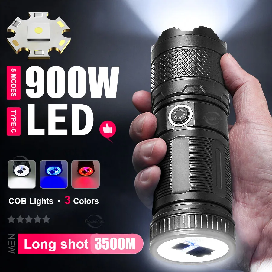 

900W Very Strong LED Flashlight 15 Hour Battery Life Torch High Power Rechargeable Flashlights Waterproof Tactical Work Light