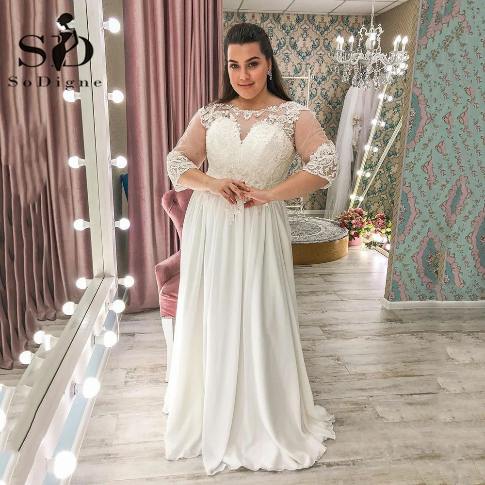 

SoDigne 2022 Wedding Dresses Plus Size Chiffon Lace Appliques Wedding Gowns Half Sleeves Women Bride Dress For Women