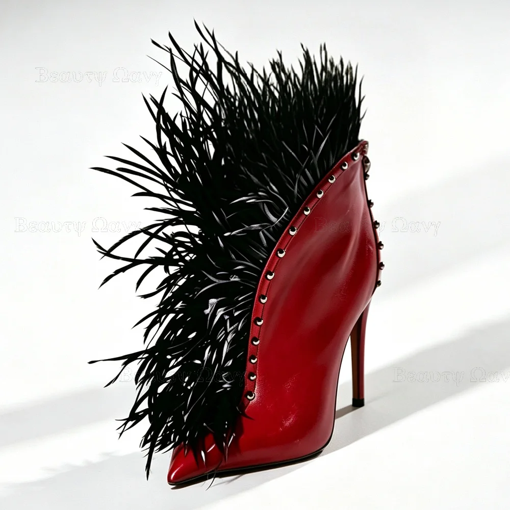 Black Yellow Fur Decor Pumps Women Shoes Rivet Sandals Pointed Toe Square Chunky High Heel Shoes for Girls Zapatos Para Hombres