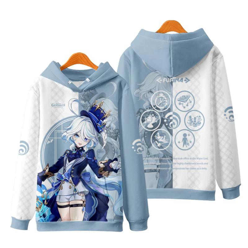 Gra Genshin Impact Furina Cosplay bluzy męskie 3D Print Anime bluzy mężczyźni kobiety swetry płaszcz ponadgabarytowy Harajuku Y2k bluza z kapturem