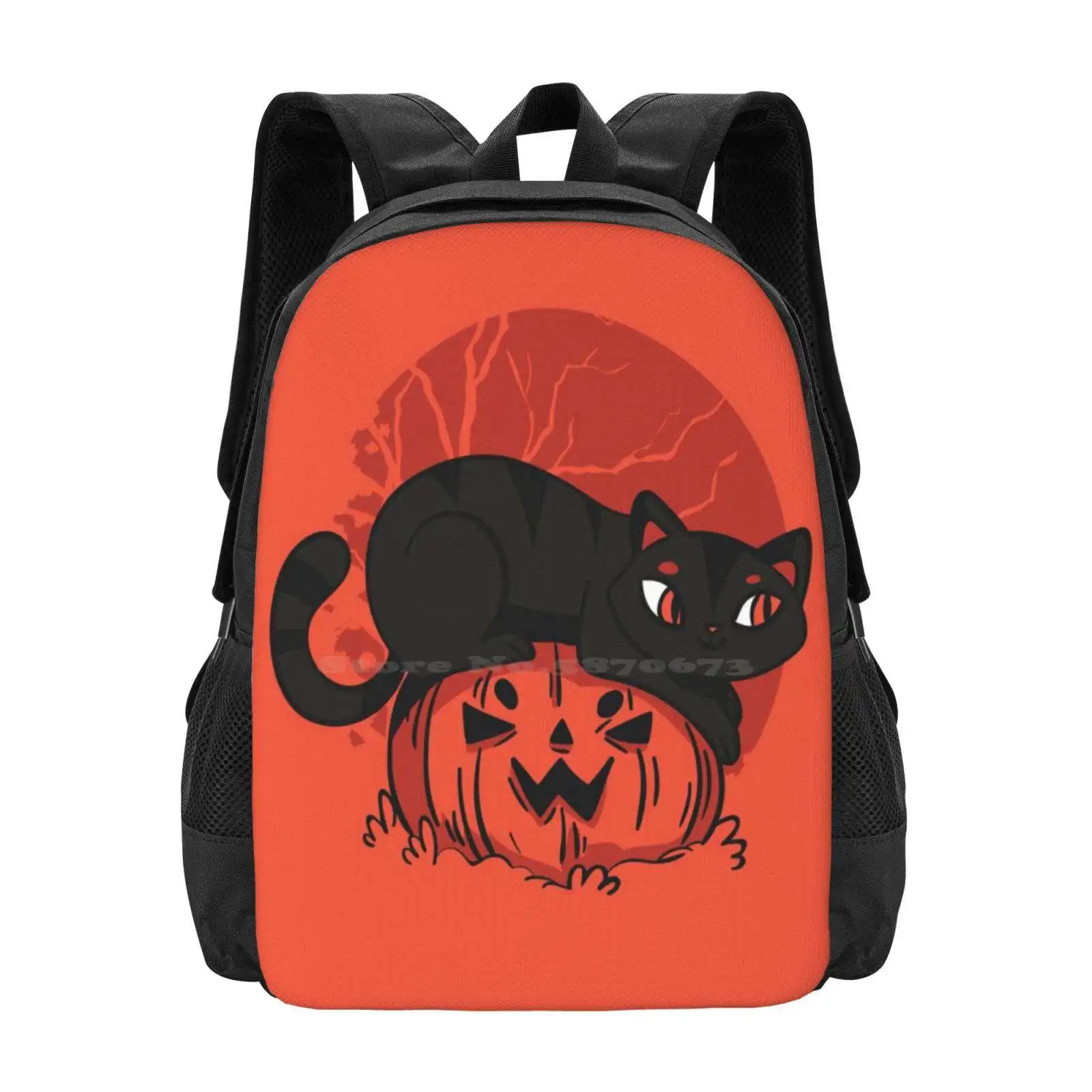 Black Cat Halloween Teen College Student Backpack Pattern Design Bags Black Cat Jack O Lantern Halloween Cat Kitty