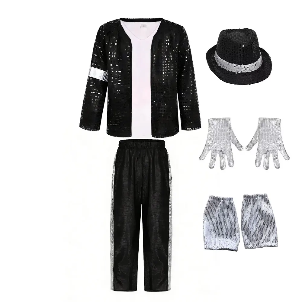 Kids Sequin MJ Dance Costume Performance 6Pcs Set Black Sparkly Jacket+Pants+Hat+Gloves+Socks Boys Singer Mike J Cosplay Outfit