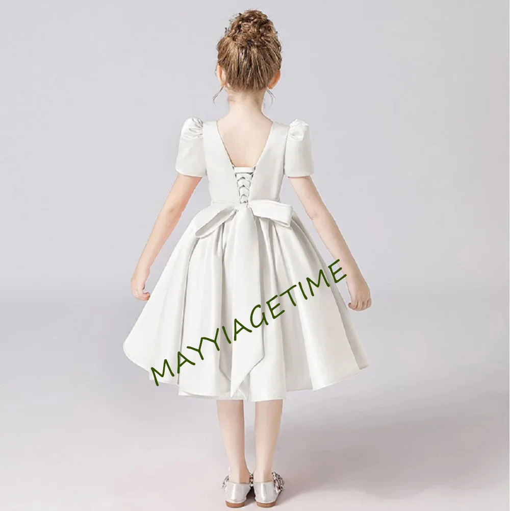 Elegant Satin Short Girl Dress For Formal Evening Party Simple Knee Length Kids Birthday Concert Party Junior