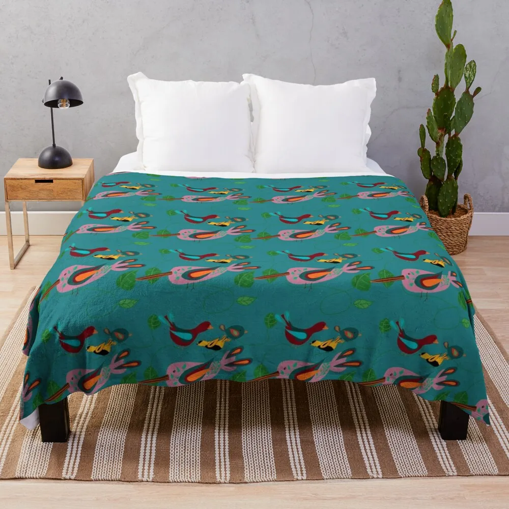 

Birds of Whimsy with leaves vines on Turquoise blue Background Throw Blanket Luxury Decorative Throw Blankets