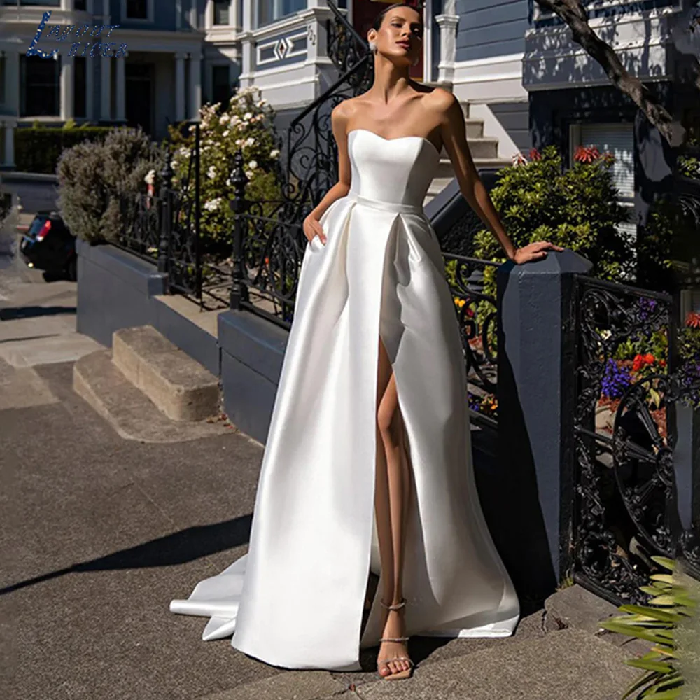 

Stain Wedding Dress Split vestidos de novia Sweetheart Neck robe de mariée For Women 2023 Custom Sweep Train Gown with Belt