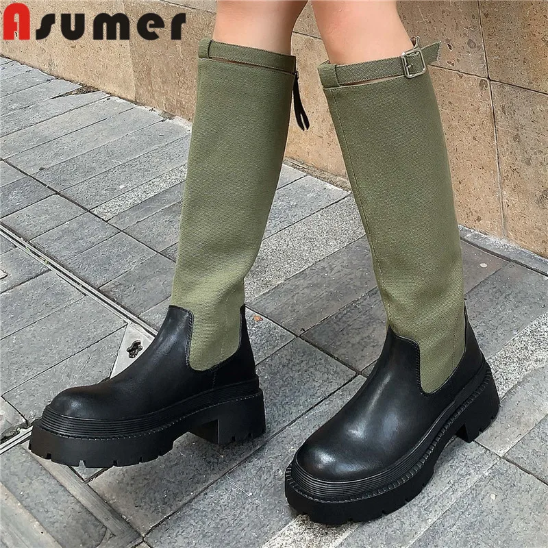 

ASUMER 2024 New Round Toe Genuine Leather Knee High Boots Mixed Colors Platform Winter Boots Square Med Heels Zipper Boots