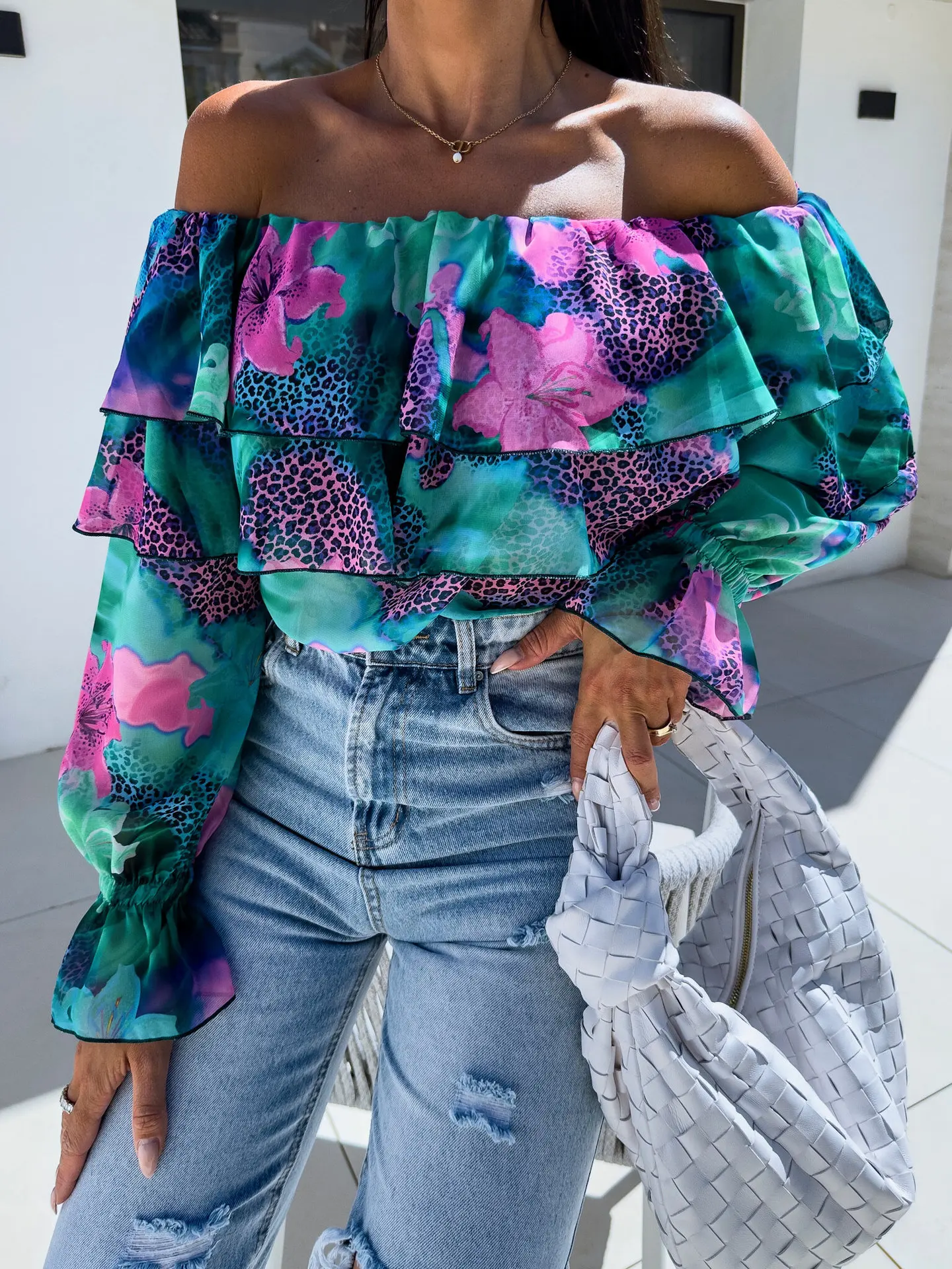 Blusa de Mujer con Hombros Descubiertos, Estampado Floral, Volantes en Capas y Mangas Largas con Volantes para Fiestas de Verano - Image 3