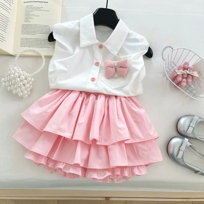 

2025New Summer Korean Style Girls' Trendy 3D Floral Shirt+Sunflower Cake Skirt Refreshing Two-piece Set