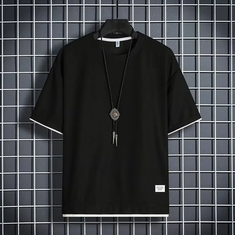 

2024 New summer waffle round neck short sleeved T-shirt for men's sports fashion casual top outdoor jogging breathable T-shirt