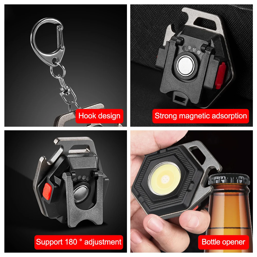 Portable LED COB Work Light Mini Keychain Flashlight Rechargeable Power Display Strong Light Camping Lantern Bottle Opener