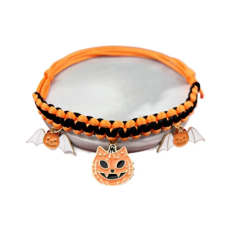 

Halloween Handmade Pet Collar For Dogs And Cats Handcrafted Woven Necklace With Pumpkin Bat Design Adjustable Pet Accessories