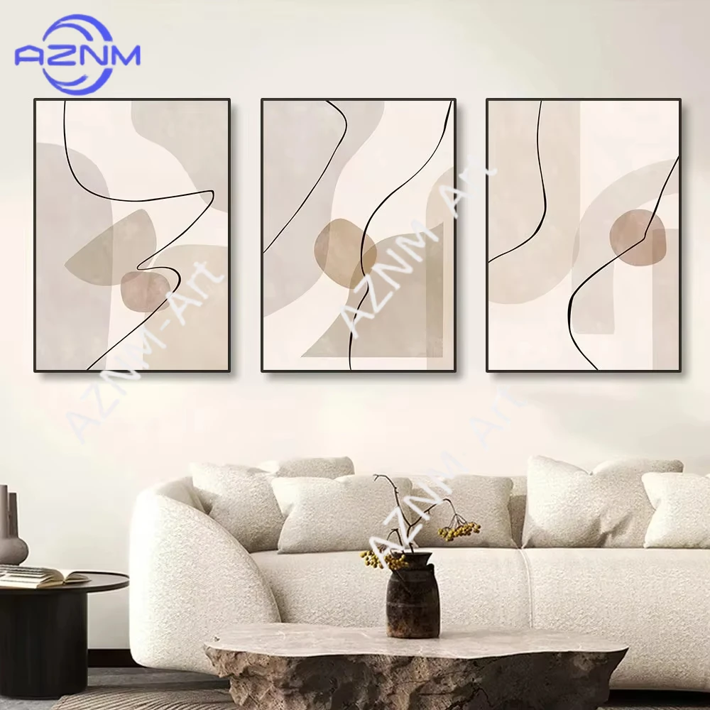 1 Stück/3 Stück Boho Beige Geometrie Abstrakte Linien Leinwanddruck Minimalistisches Bohemien-Poster Moderne Wandmalerei Bild Wohnzimmer Deko