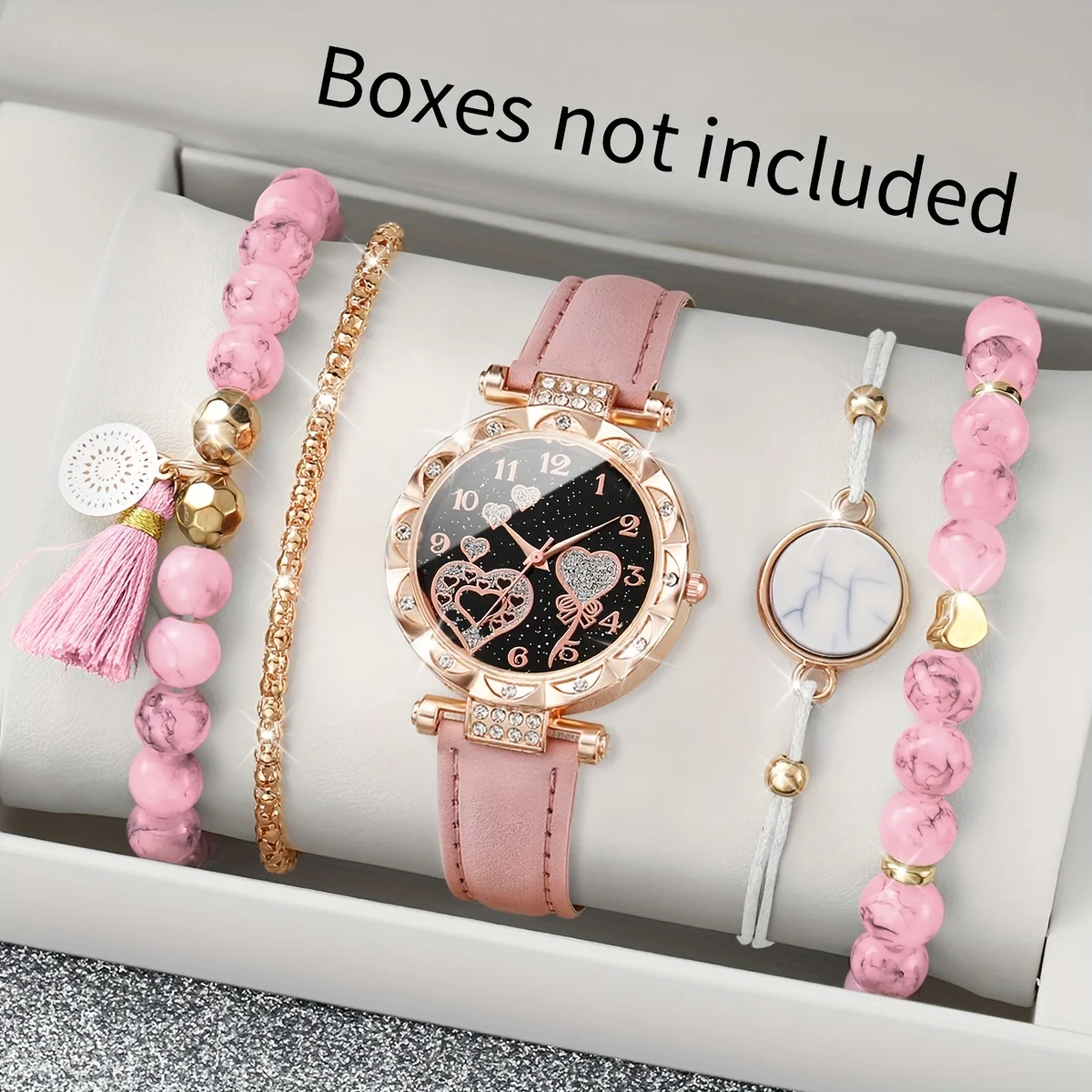 

5 Pcs Wrist Watches PU Leather Casual Zinc Alloy Pointer Round Quartz Watches Jewelry Set