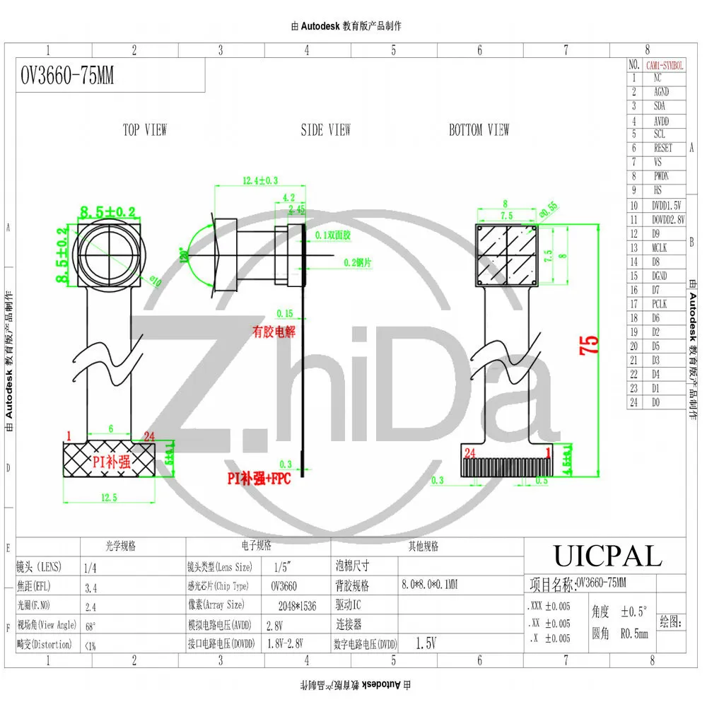 OV3660 Camera Module 3MP, 21mm /75mm FPC Cable Optional, 120°/160° Wide‑Angle Lens, DVP 24PIN Interface Image Sensor Module