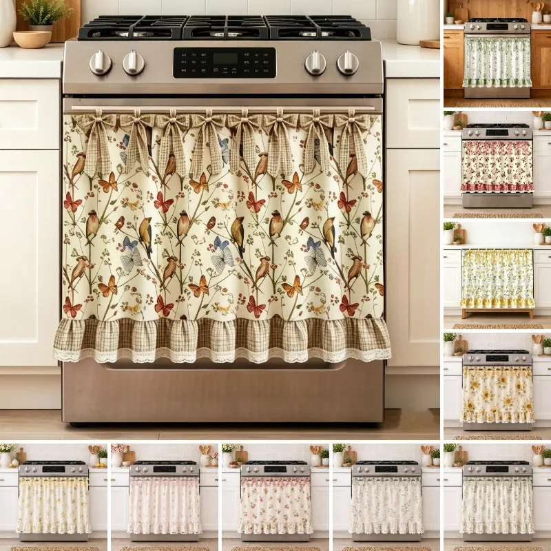 Farmhouse Oven Skirt Print Oven Door Curtain Bow Lace Pastoral Rod Pocket Short Cabinet Curtain For Kitchen Microwave Oven Decor