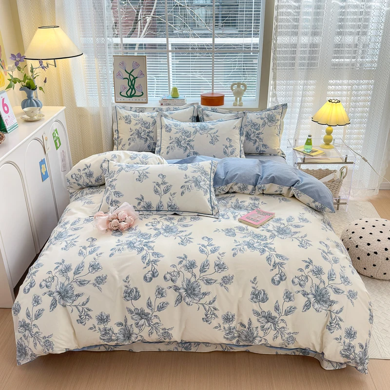 100% Cotton Luxury Floral Duvet Cover Set Boys Girls Single Comforter Cover Vintage Blue Plant Pattern Bedding with Pillowcase