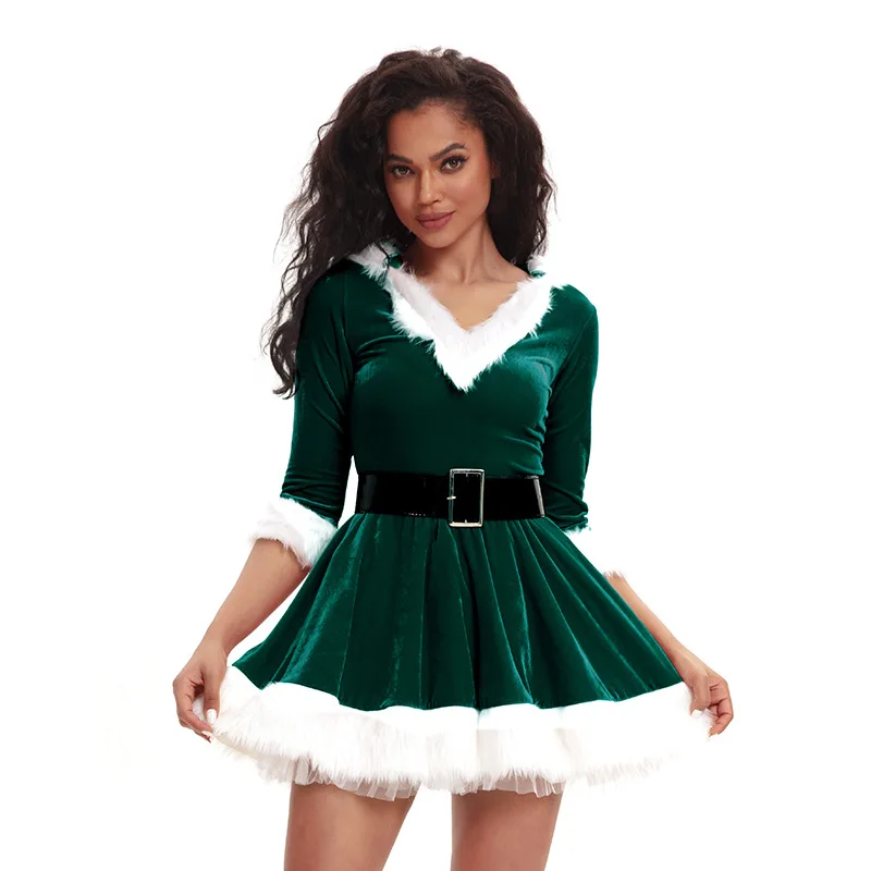 Neue Mode Frauen halbe Ärmel solide beliebte Damen Santa Claus Weihnachten Thema Kostüm Cosplay Outfit Taille Gürtel Phantasie Weihnachts kleid