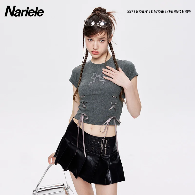 Design Sense Ribbon Short Style Hot Diamond Bow Round Neck T-shirt Women's 2023 Summer Sweet Spicy Short Sleeve Top