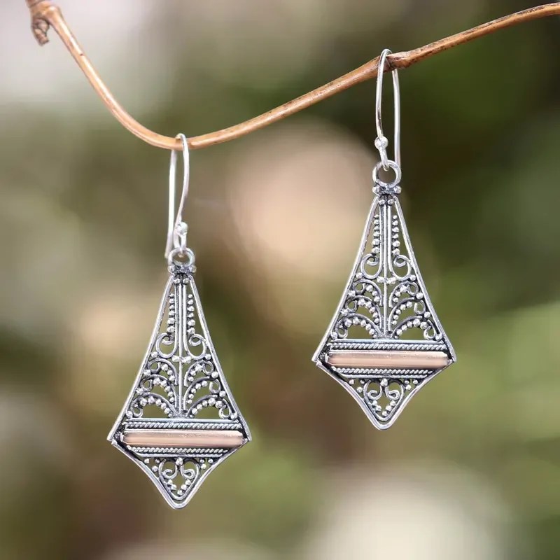 National style hollowed-out diamond-shaped small round bead decoration ladies' pendant earrings for leisure and vacation