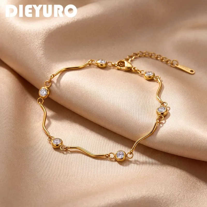 DIEYURO Minimalist Ripple Circular Zircon Stainless Steel Bangle for Women Delicate Golden Waterproof Bracelet Daily Jewelry New