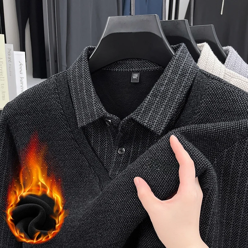 

Men's Faux Two-Piece Knitted Sweater Thiened Fce Warm Base Layer irt Casual Sle Long Sve Flip Collar Stripe Pattern
