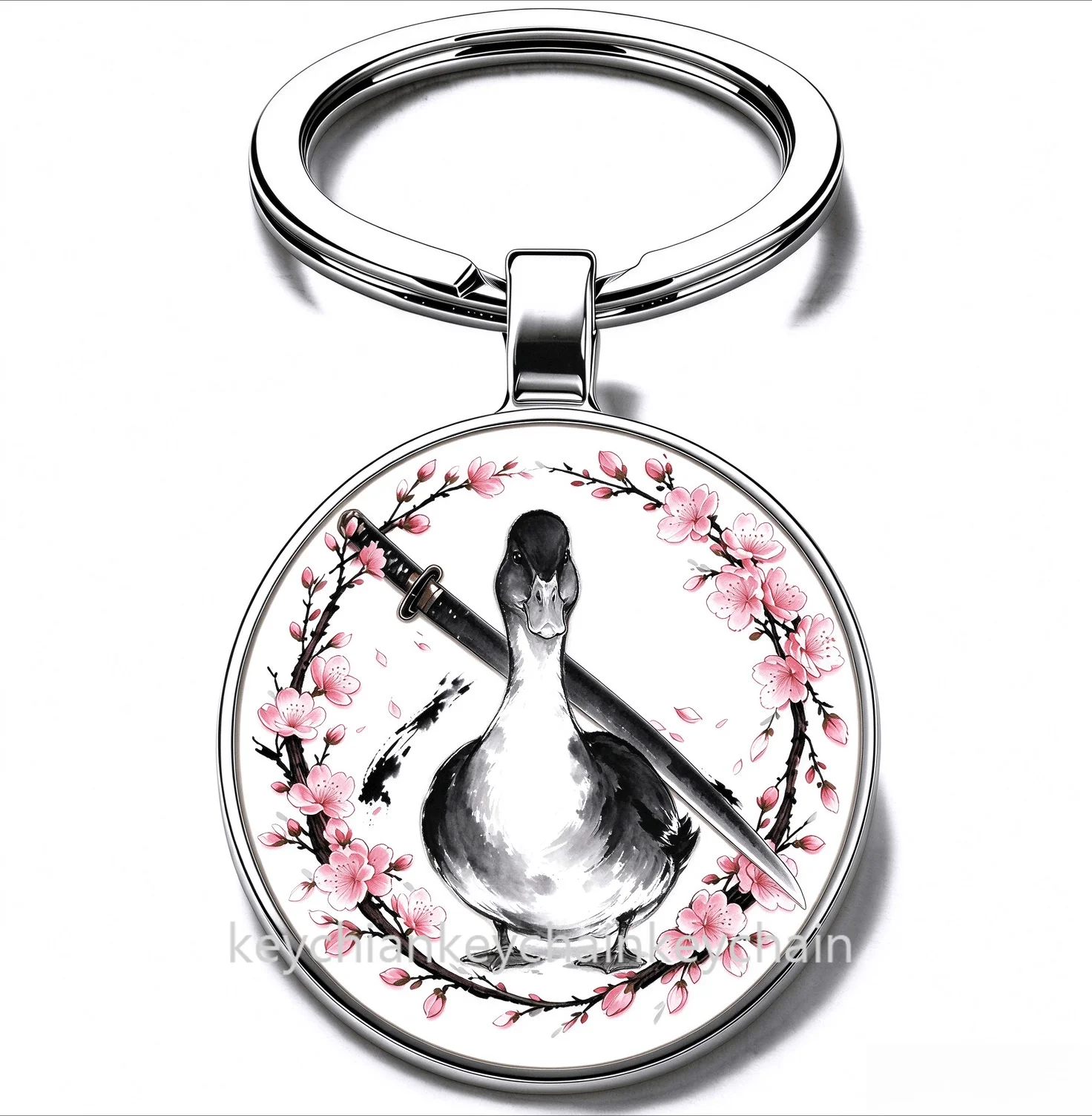 Japanese Duck Cherry Blossom Katana Keychain Samurai Sword Sakura Wreath Key Ring Car Bag Pendant Men Gift