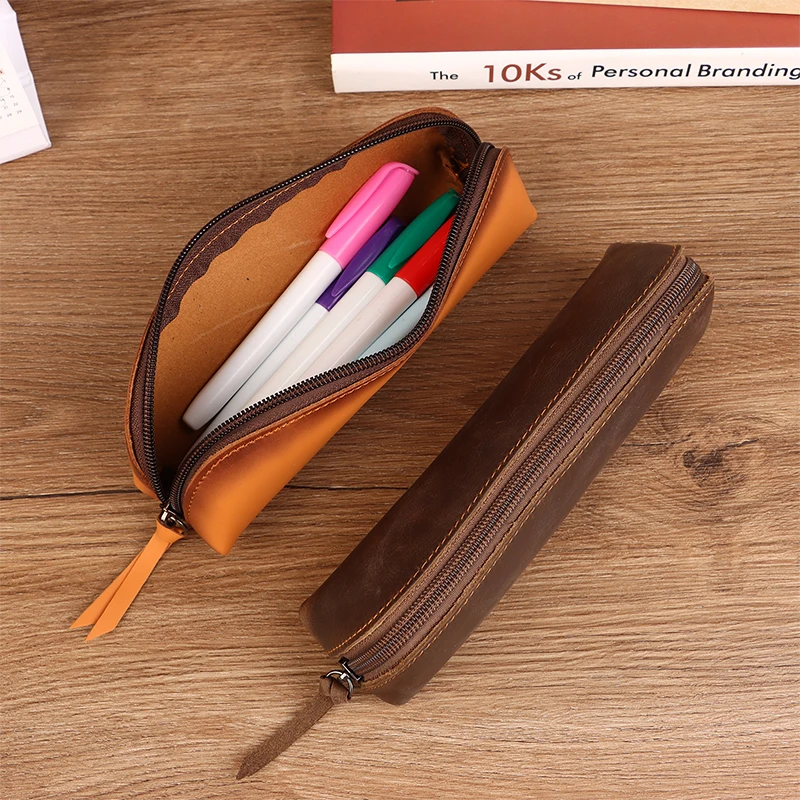 Arc Zipper Pen Pouch Dirt-resistant Leather Waterproof Stationery Case Simple Leisure Stationery Storage And Organization Bag