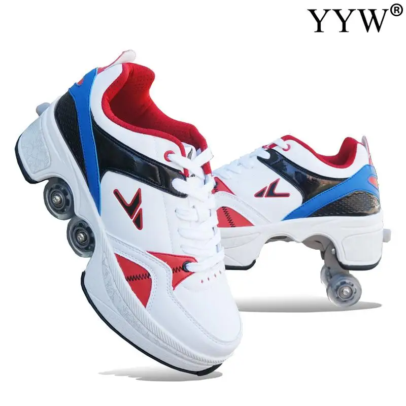 2024 Deform Wheel Skates Roller Skate Shoes Runaway Sneakers With 4-Wheel Casual Deformation Parkour Adult Children Rounds Walk