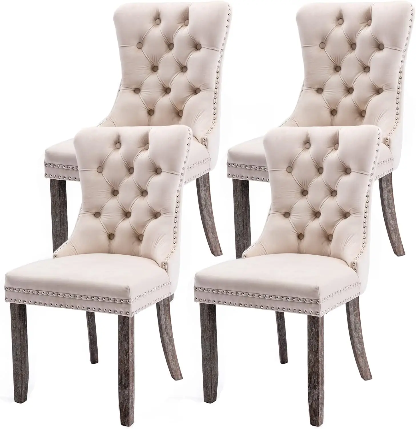 Upholstered Dining Chairs Set of 4, Velvet Tufted Dining Chairs with Nailhead Back and Ring Pull Trim, Solid Wood Dining Chairs