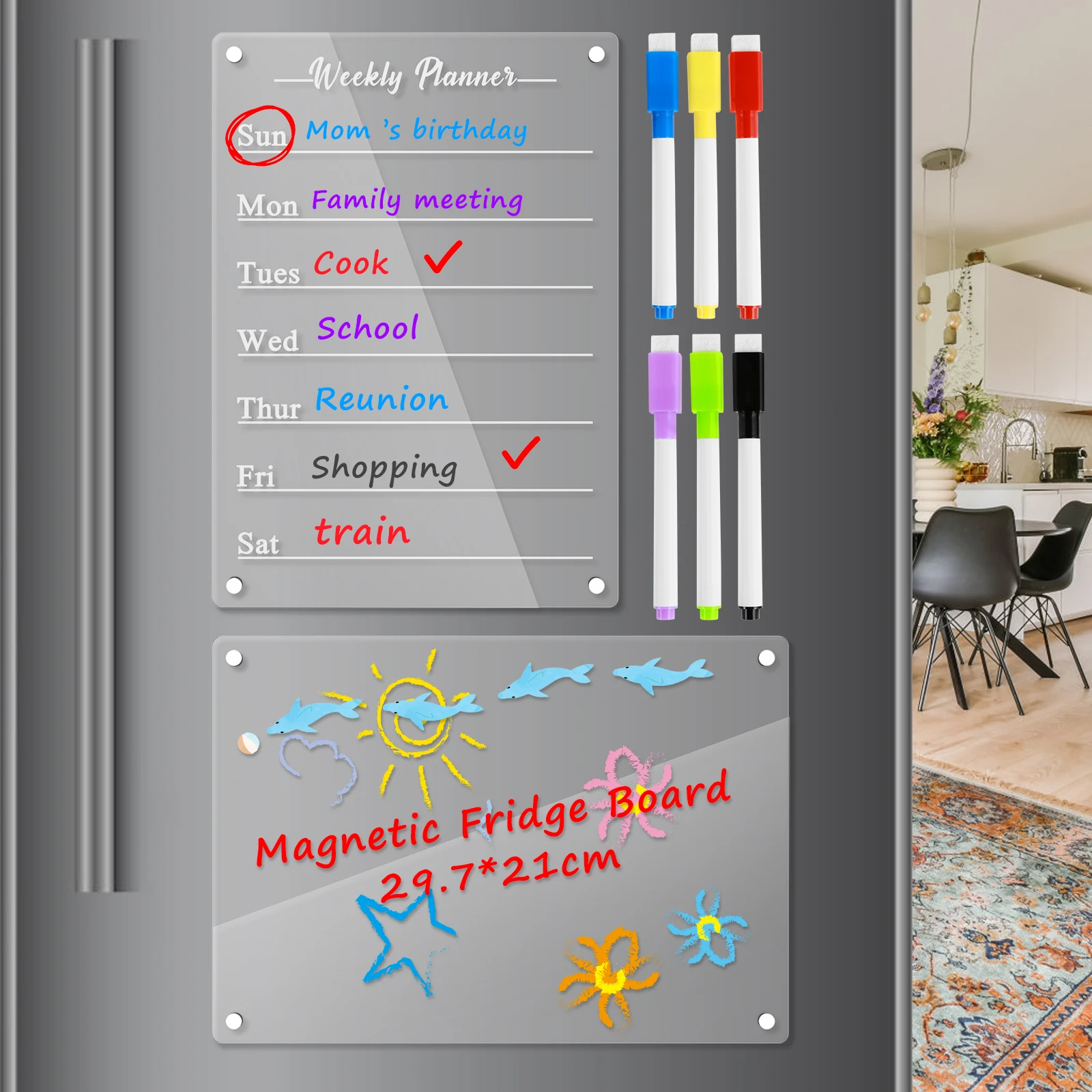 2 Pcs Acrylic Magnetic Calendar for Fridge Transparent Dry Erase Boards Reusable Magnetic Planning Boards with 6 Marker Pens