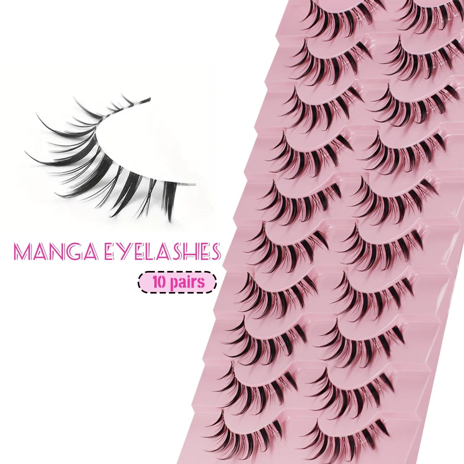Sztuczne rzęsy Manga Lashes Cat Eye Lashes Spiked Lashes C Curl Lashes Wispy Natural Look Clear Band 10Pairs Pack