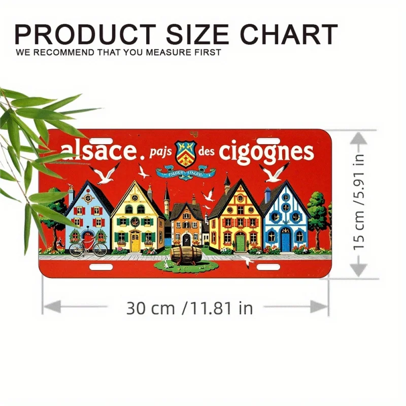 مسطح ثنائي الأبعاد - قطعة واحدة من لافتة معدنية عتيقة من Alsace Pays des Cigognes، ديكور حائط من الألومنيوم، رسم توضيحي للقرية الفرنسية الريفية