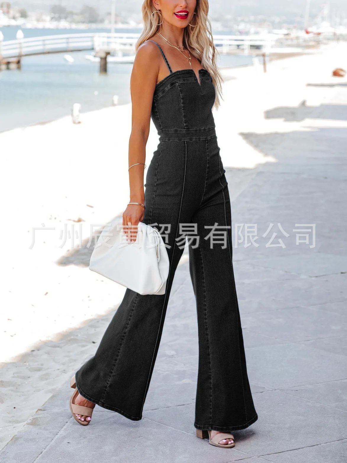 Women's Summer New Fashion Denim Rompers · Cotton Wash Solid Color Denim Halter Tight Stretch Long Pants Y2k Slim-fit Jumpsuit