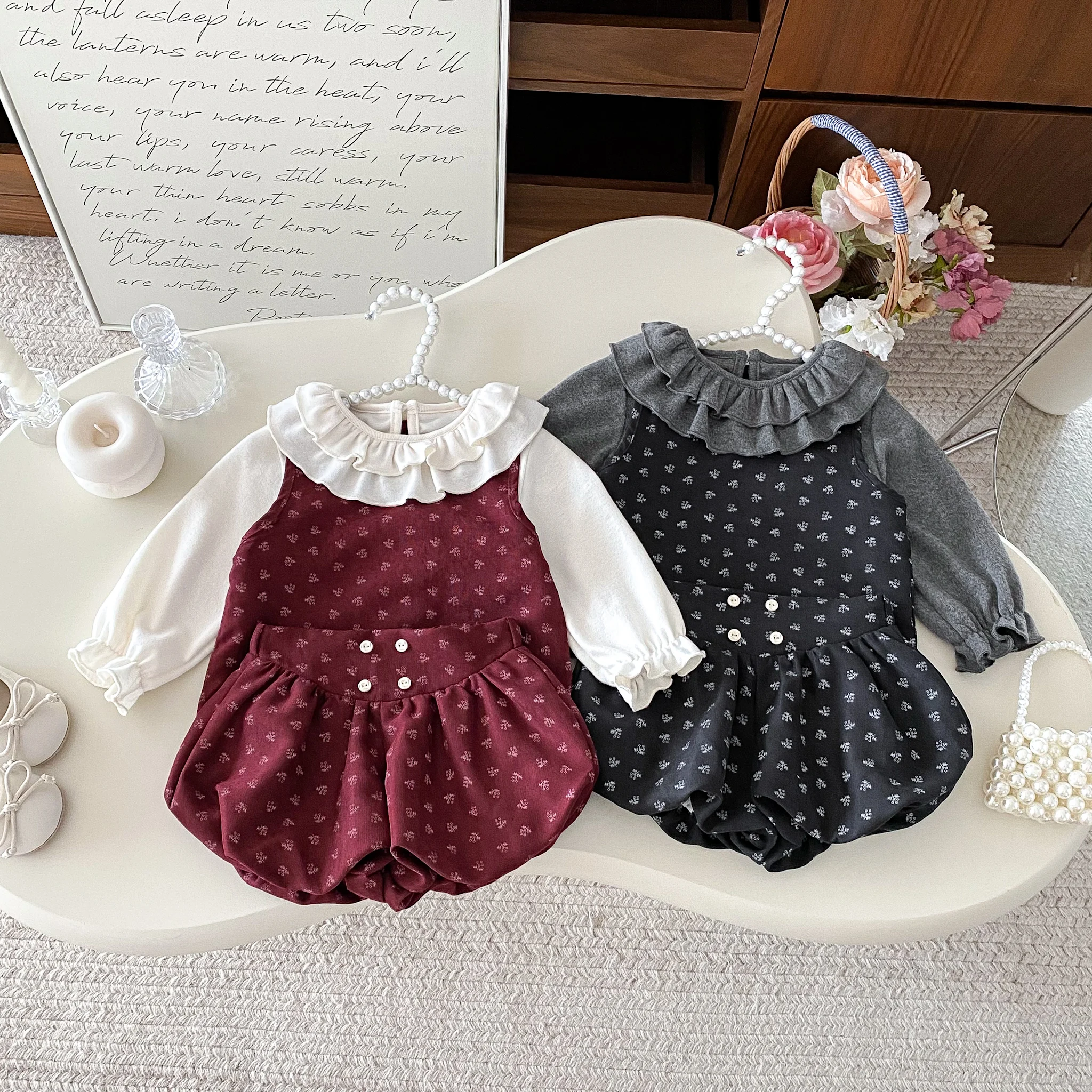Korean Baby Red Gray Autumn Outfit Set - Sweet Chic Baby Doll Collar Top Ruffled Vest Flower Bud Pants Three-Piece Set