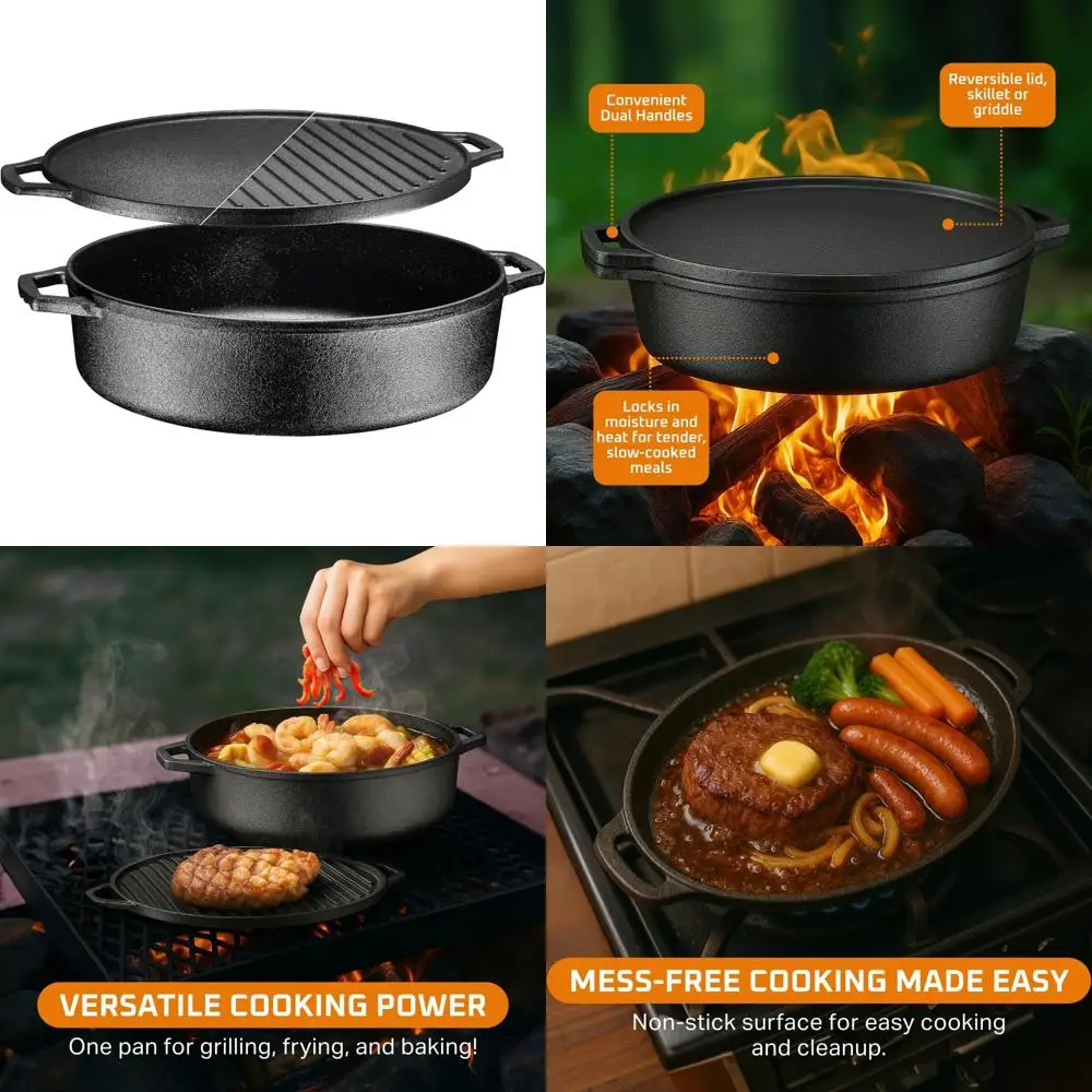 

Pre-Seasoned Cast Iron Skillet with Reversible Grill Griddle Lid - 6.8 Quart Round Deep Roasting Pan for Frying, Cooking, and Ba