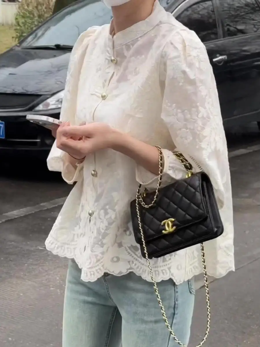 

Elegant Chinese Style Long Sleeve Shirt Women's Button up Floral Embroidery Slimming Top Commute Style Polyester Fabric