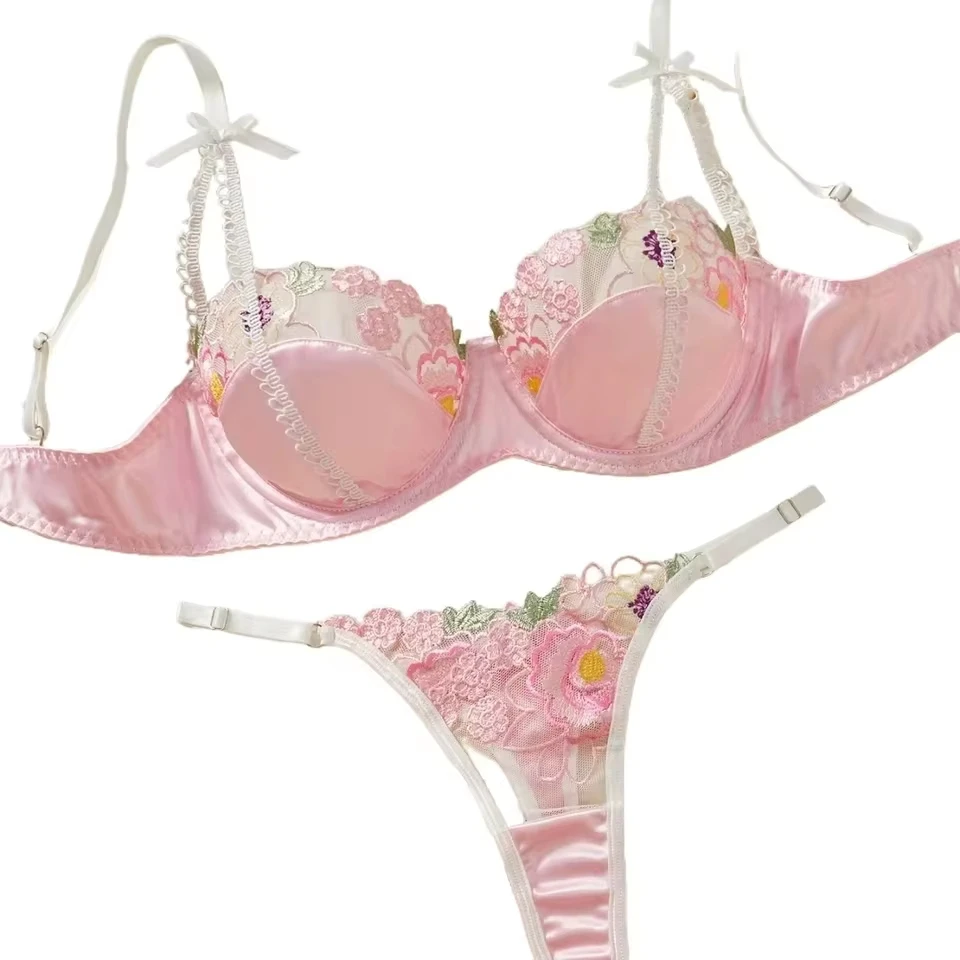 

Western French Sweet Floral Embroidery Mesh Bra For Women Lady Female Outfit Hot Caliente Underwear Sexy Erotic Suits Set